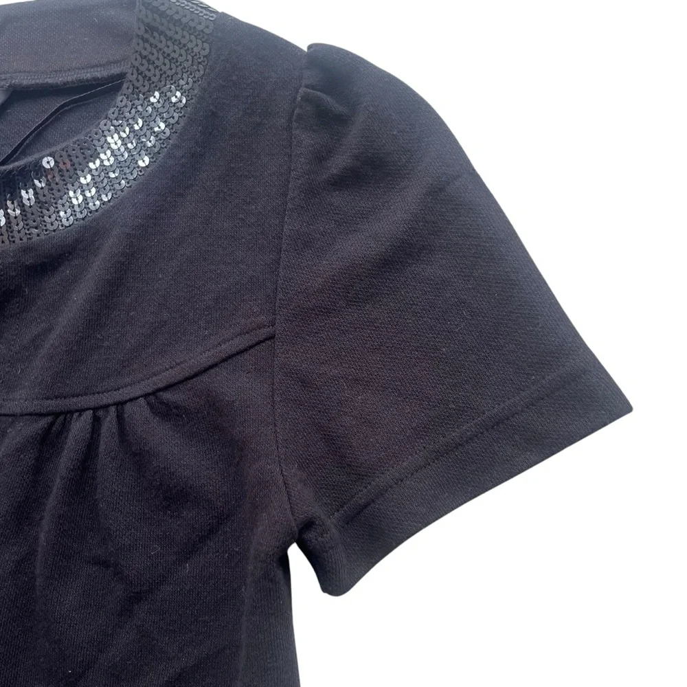 H&M Women’s Small Black Sequins Trim Short Puff Sleeve Tie Top Crop Y2K Cardigan